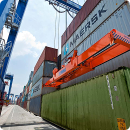 perspective with shipping containers at a port